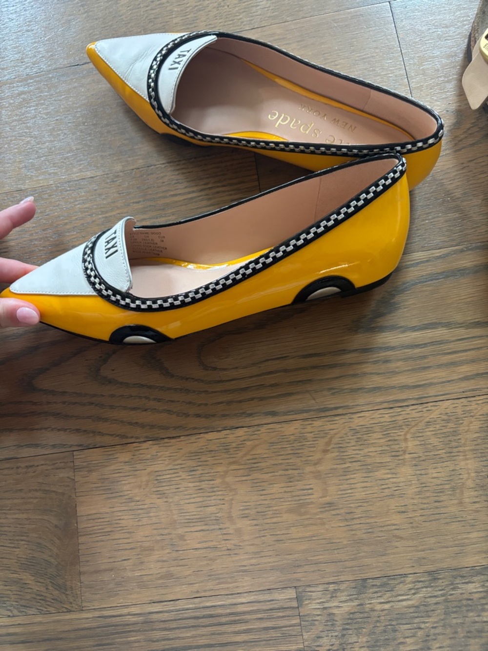 kate spade Yellow, White & Black Pointed Toe Flats with 'TAXI' Detail - Picture 3 of 3